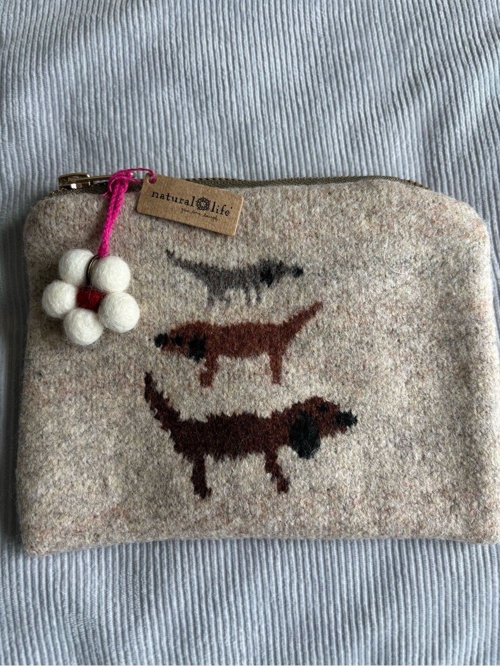 Natural Life Beige Wool Felt Pouch with Dog Design